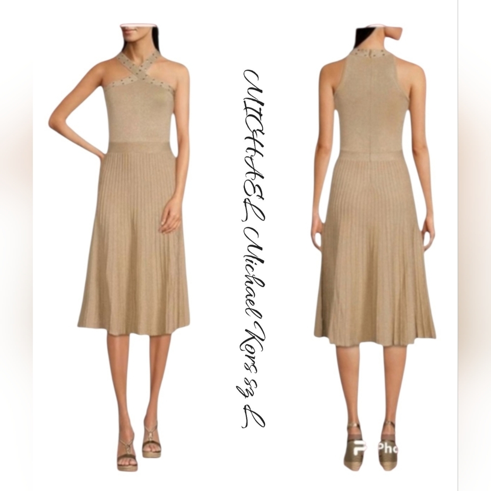 NWT Michael Kors Gold Studded Criss Cross Halter Midi Dress L